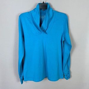 Beyond Threads Pima Cotton Ruched Collar Long Sleeve Tee in Teal Size La…